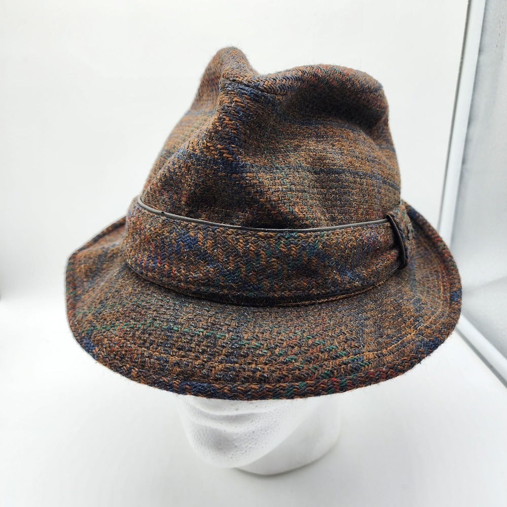 Vintage Stetson Tweed Fedora Hat Large Brown Wool Blend Trilby Crest Pin USA
